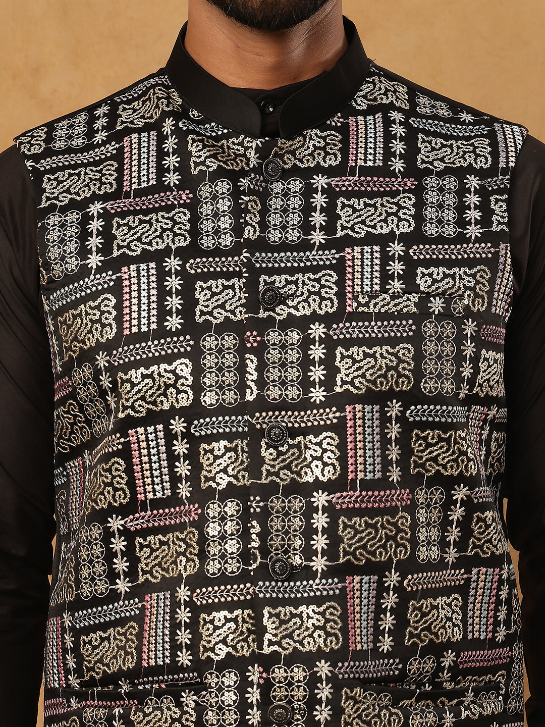 Embroidered Nehru Jacket Set with Solid Kurta Pyjama (65KPWC 592B 4150 Black )