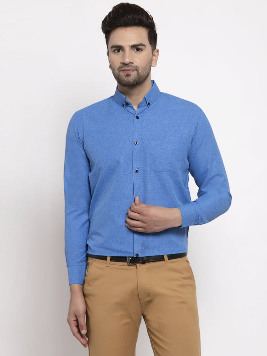 Indian Needle Blue Men's Cotton Solid Button Down Formal Shirts ( SF 734Blue )