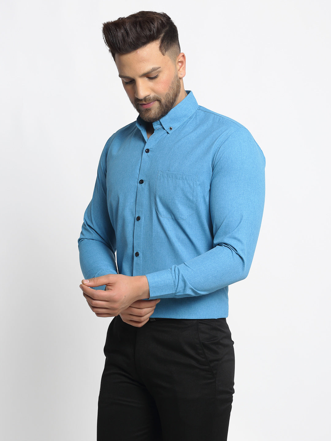 Indian Needle Blue Men's Cotton Solid Button Down Formal Shirts ( SF 734Sky )