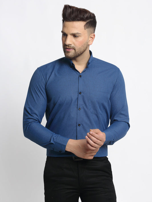 Indian Needle Navy Men's Cotton Solid Button Down Formal Shirts ( SF 734Teal )