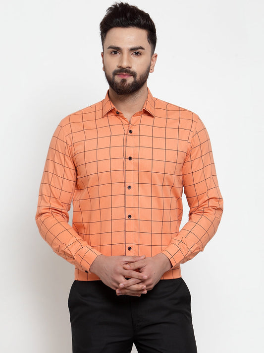 Indian Needle Orange Men's Cotton Checked Formal Shirts ( SF 742Orange )