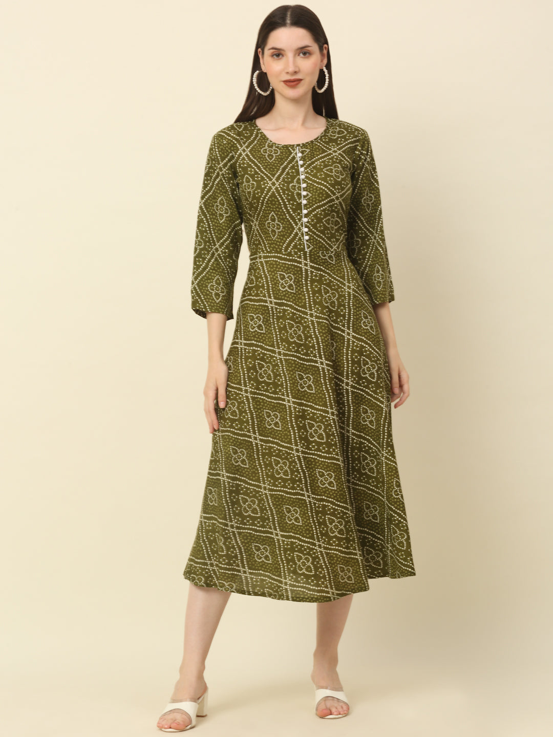 Women Olive Green & White Floral Printed A-Line Kurta ( ANKW 1054 Olive )