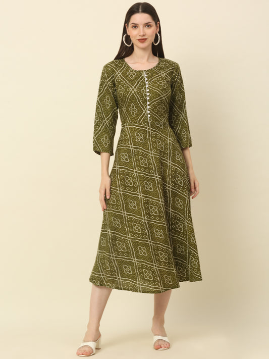 Women Olive Green & White Floral Printed A-Line Kurta ( ANKW 1054 Olive )