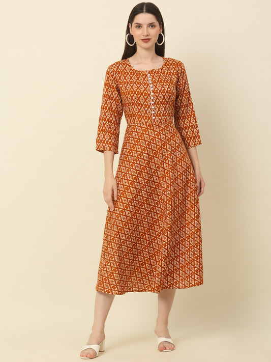 Women Brown & Beige Floral Printed A-Line Kurta ( ANKW 1054 Brown )