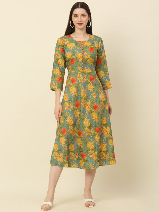 Women Green & Yellow Floral Printed A-Line Kurta ( ANKW 1054 Green )