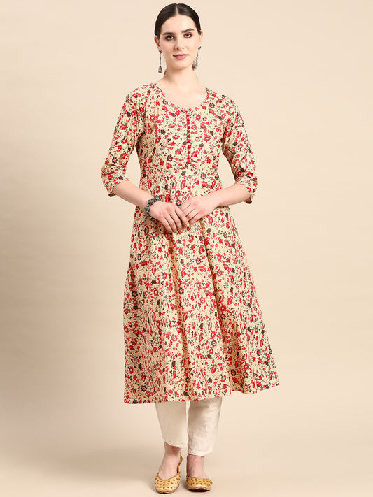 Women Red & Beige Floral Printed A-Line Kurta ( ANKW 1054 Red )