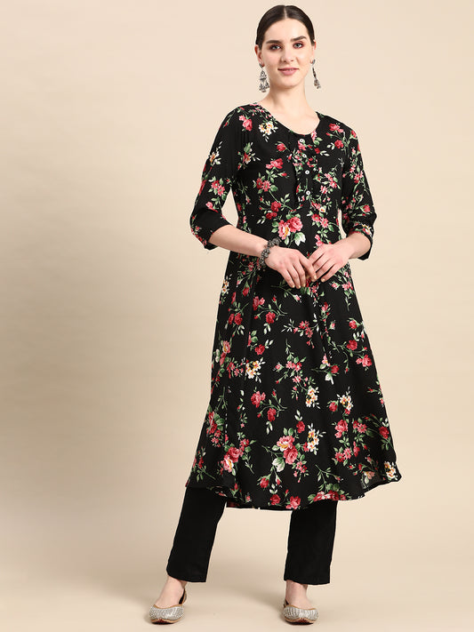 Black Flaired kurta with frills at yok ( ANKW 1406 Black )