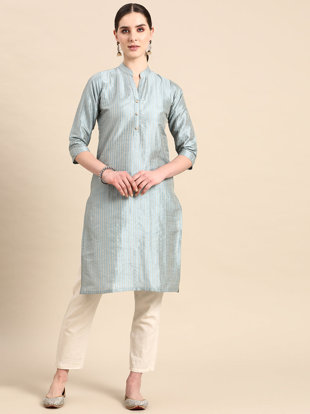 Women Grey Striped Thread Work Kurta ( ANKW 1450 Grey )