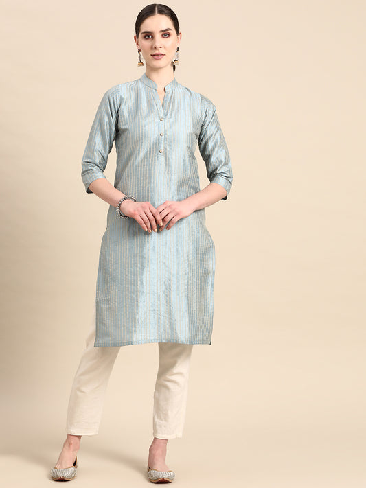 Women Grey Striped Thread Work Kurta ( ANKW 1450 Grey )
