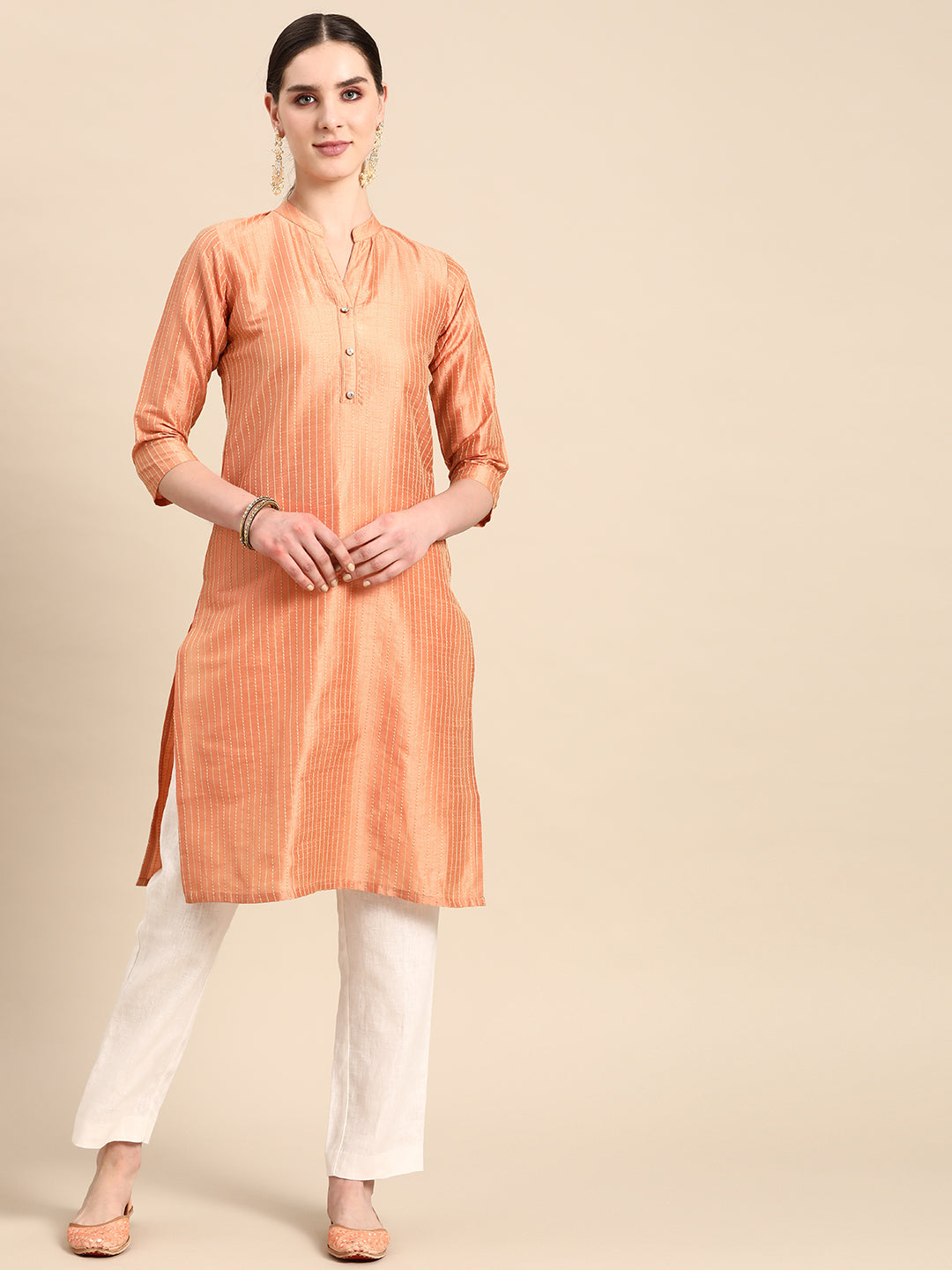 Women Orange Striped Thread Work Kurta ( ANKW 1450 Orange )