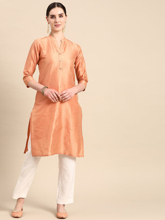 Women Orange Striped Thread Work Kurta ( ANKW 1450 Orange )
