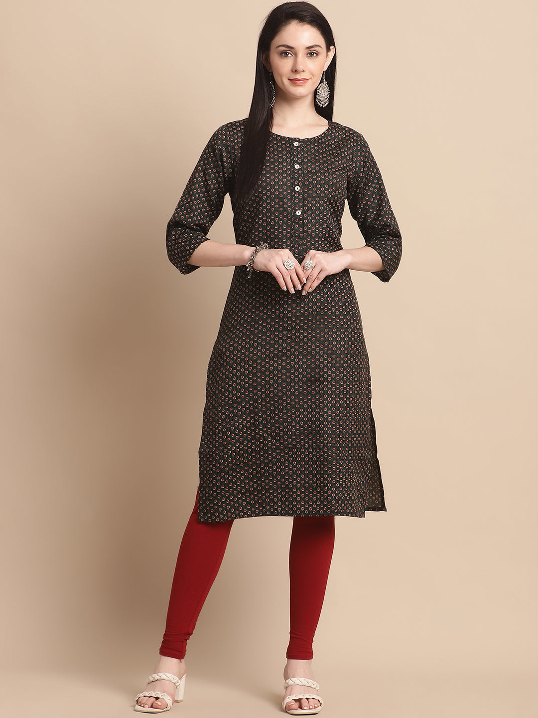 Olive Green Printed Straight Pure Cotton Kurta ( ANKW 1504 Green )
