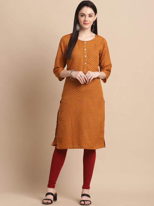 Mustard Printed Straight Pure Cotton Kurta ( ANKW 1504 Mustard )
