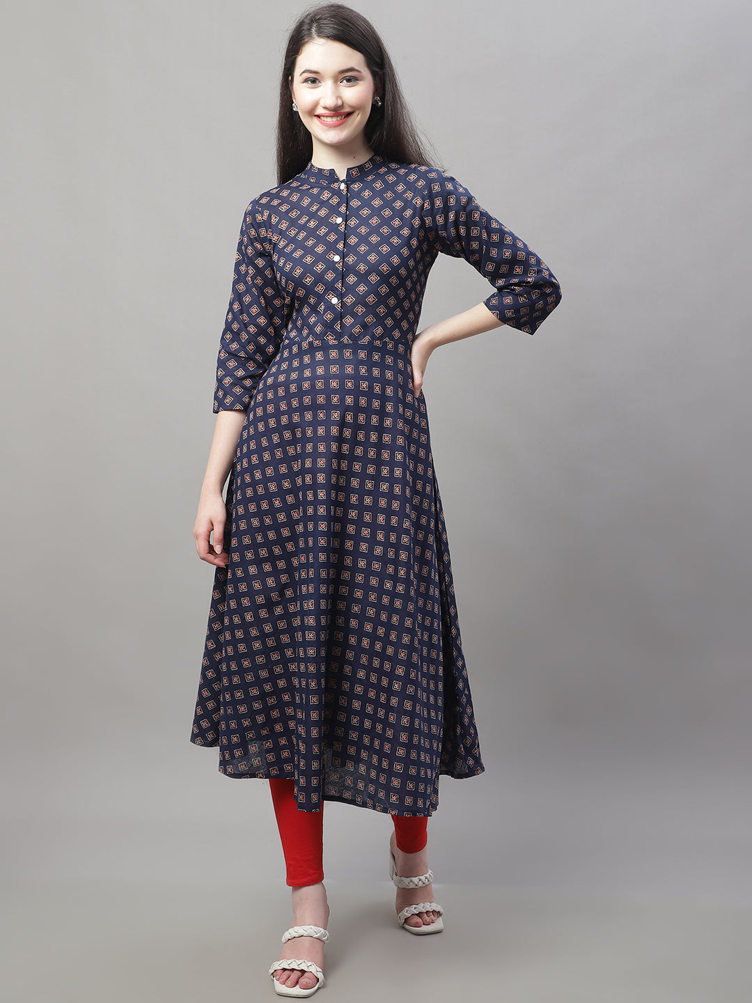 Women's Flared Printed Kurtas ( ANKW 1505Blue )