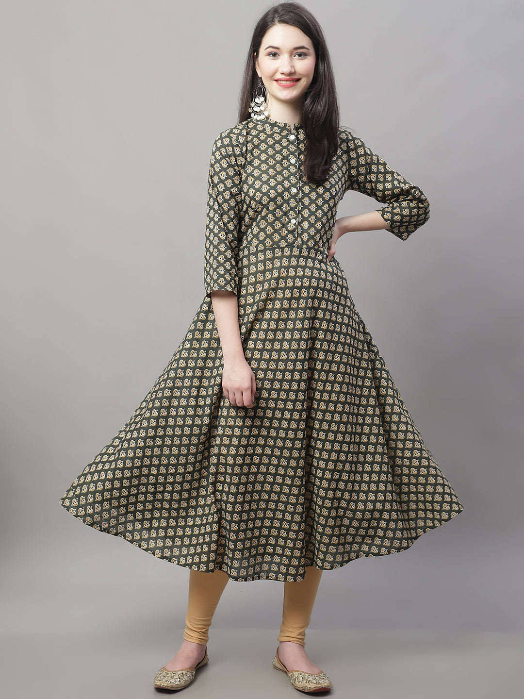 Women's Flared Printed Kurtas ( ANKW 1505Green )