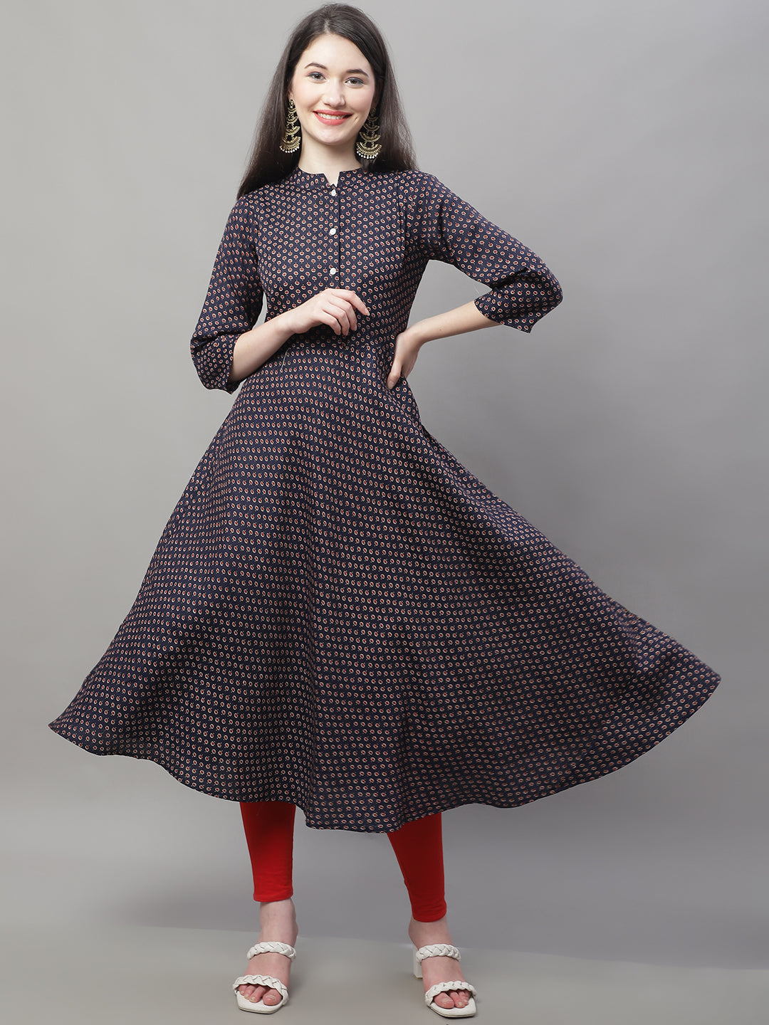 Women's Flared Printed Kurtas ( ANKW 1509Navy )