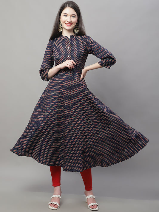 Women's Flared Printed Kurtas ( ANKW 1509Navy )