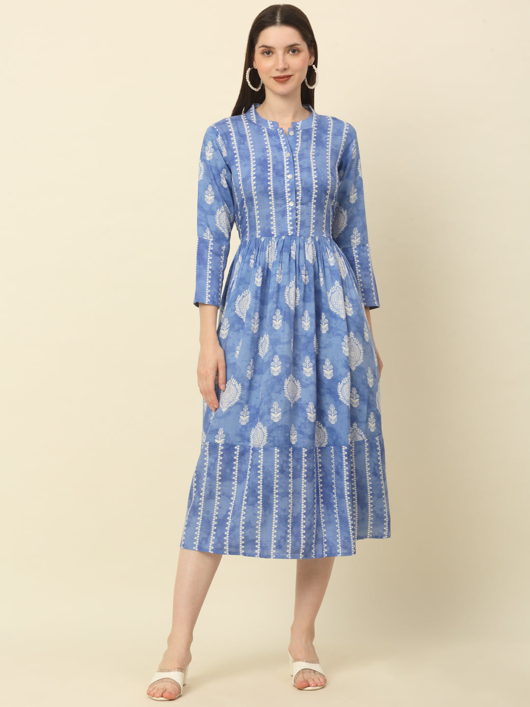Women Blue and White Printed A-Line Kurta ( ANKW 1514 Blue )