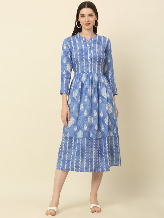 Women Blue and White Printed A-Line Kurta ( ANKW 1514 Blue )