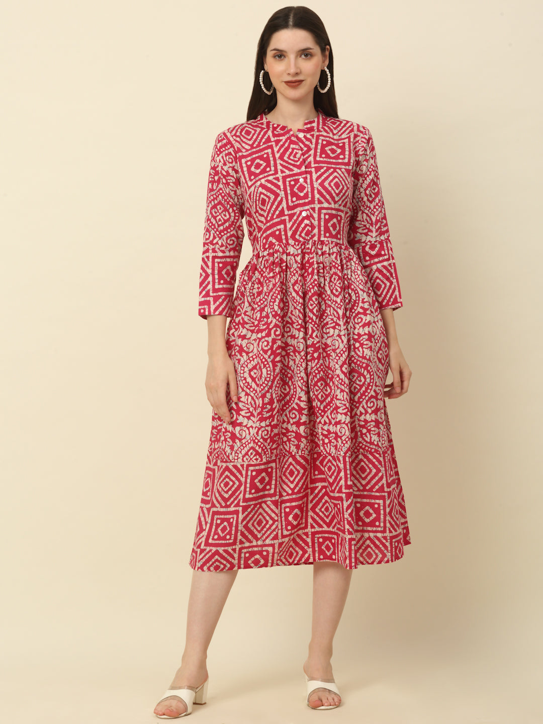 Women Pink and White Printed A-Line Kurta ( ANKW 1514 Pink )