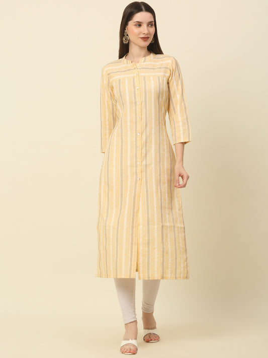 Women Beige & Off-White Striped Straight Kurta ( ANKW 1518 Beige )
