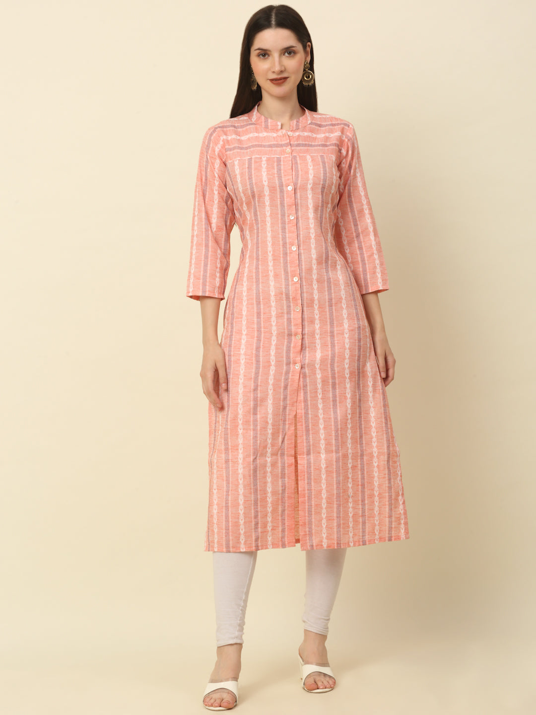 Women Coral Red & Off-White Striped Straight Kurta ( ANKW 1518 Coral )