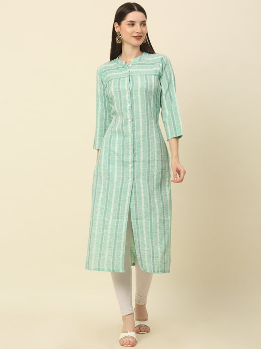 Women Green & Off-White Striped Straight Kurta ( ANKW 1518 Green )