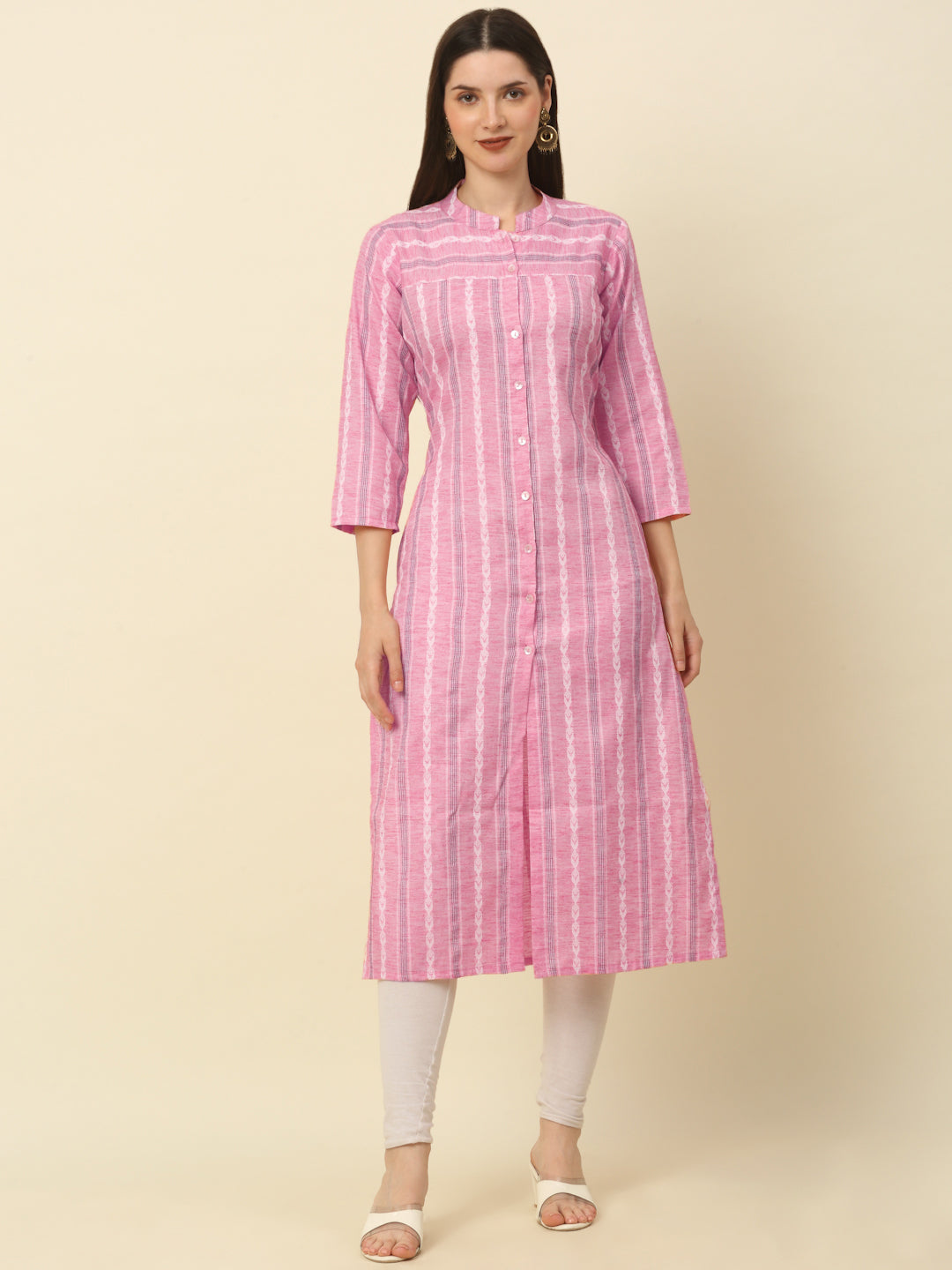 Women Pink & Off-White Striped Straight Kurta ( ANKW 1518 Pink )