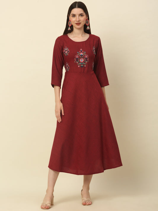 Women Maroon Floral Embroidered A-Line Kurta ( ANKW 1521 Maroon )
