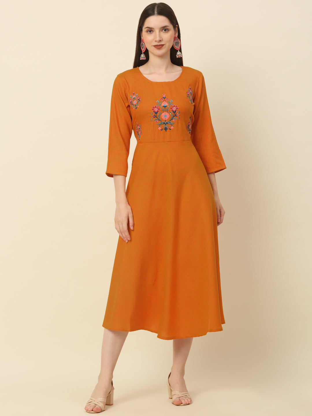 Women Orange Floral Embroidered A-Line Kurta ( ANKW 1521 Orange )