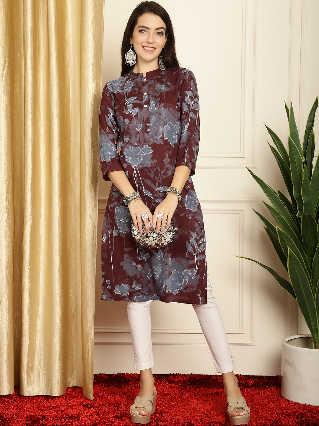 Floral Printed Straight Kurta ( ANKW 1539Maroon )