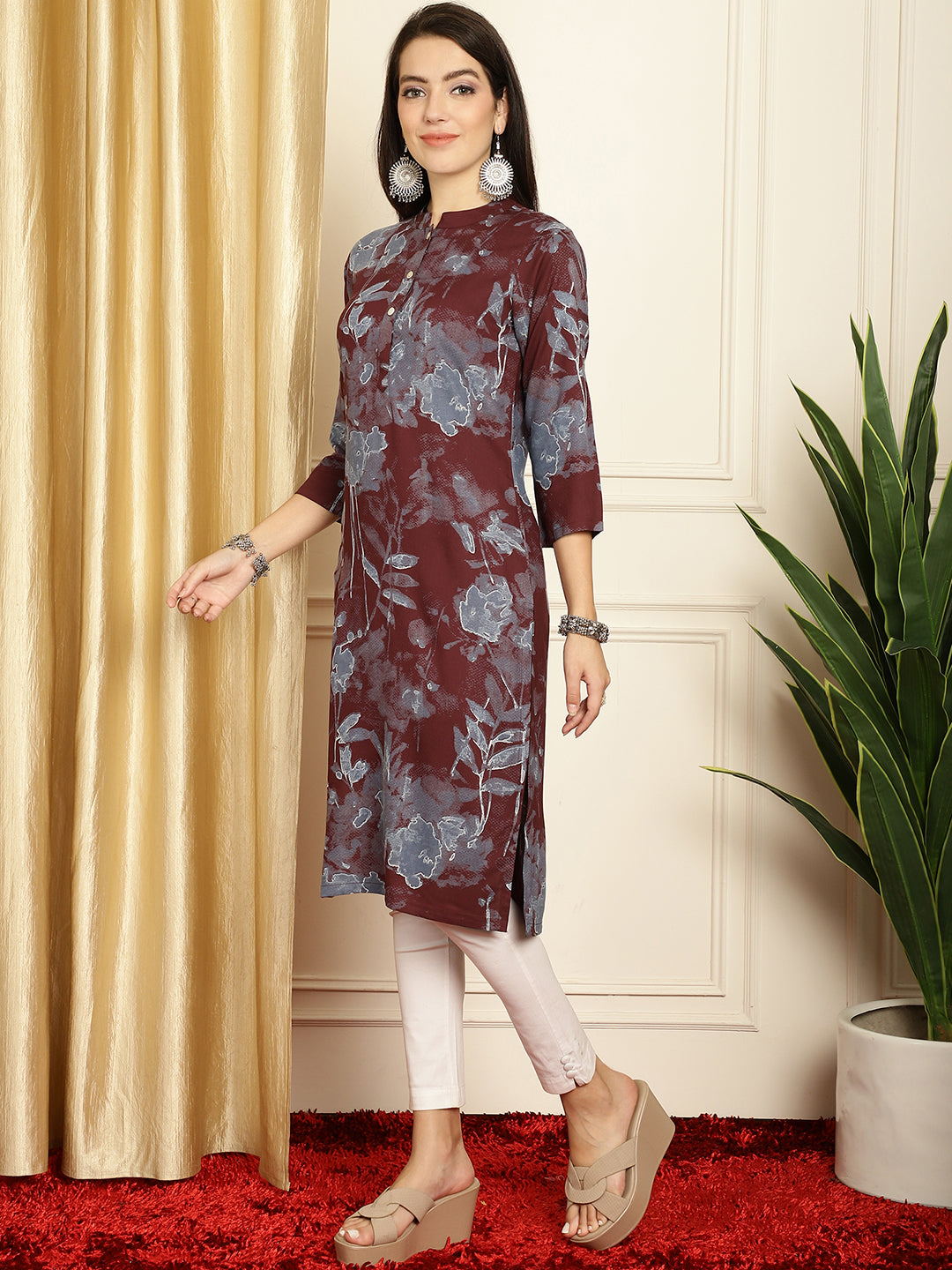 Floral Printed Straight Kurta ( ANKW 1539Maroon )