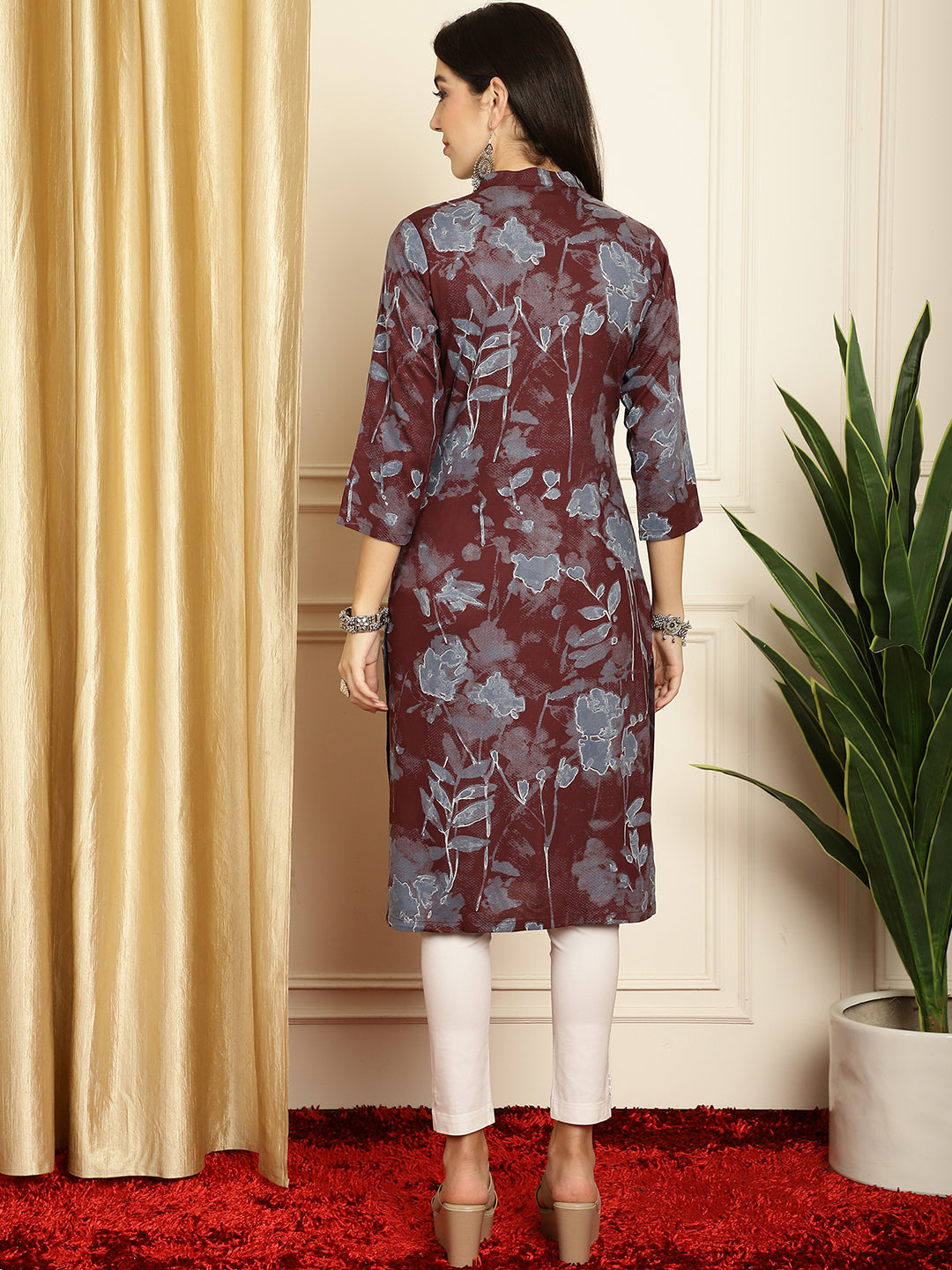Floral Printed Straight Kurta ( ANKW 1539Maroon )