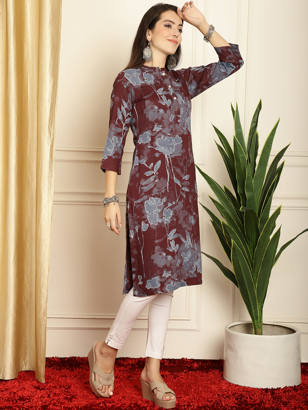 Floral Printed Straight Kurta ( ANKW 1539Maroon )