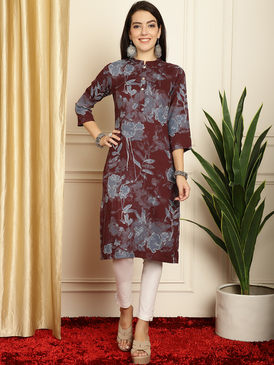 Floral Printed Straight Kurta ( ANKW 1539Maroon )