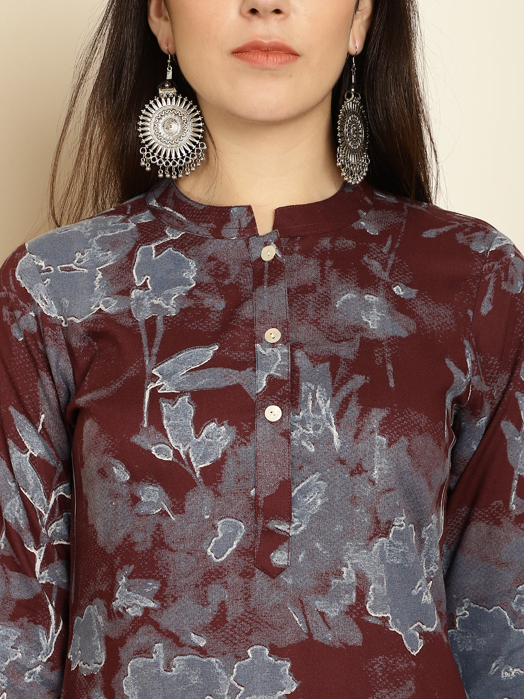 Floral Printed Straight Kurta ( ANKW 1539Maroon )