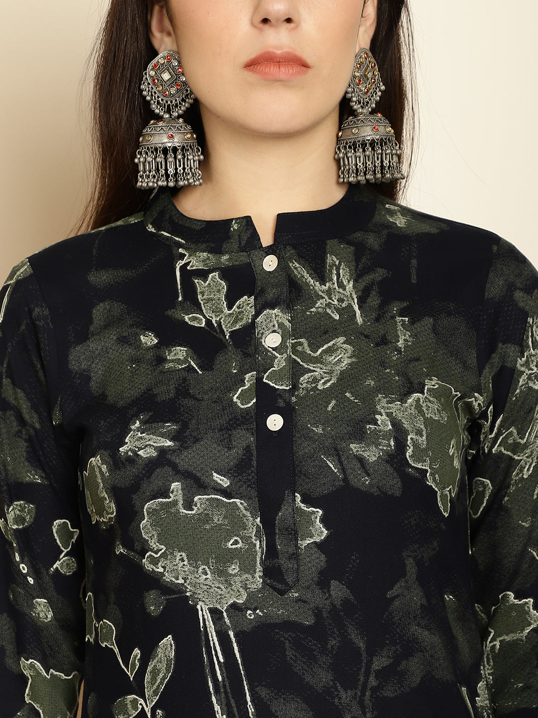 Floral Printed Straight Kurta ( ANKW 1539Navy )
