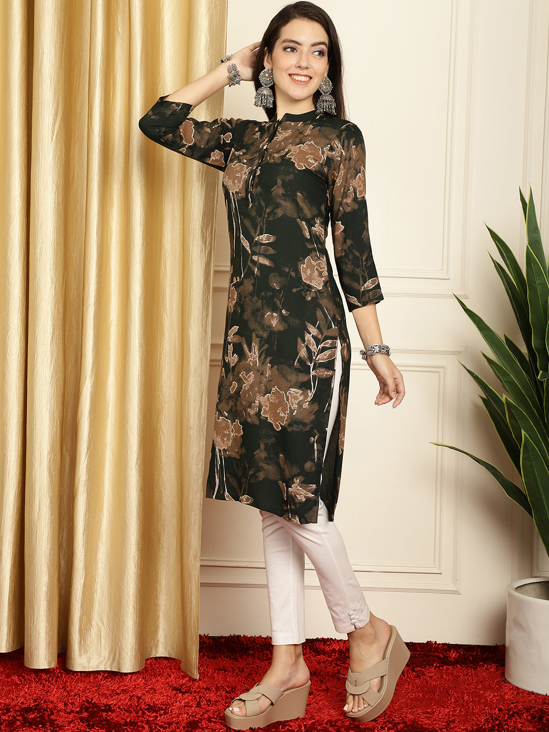 Floral Printed Straight Kurta ( ANKW 1539Olive )