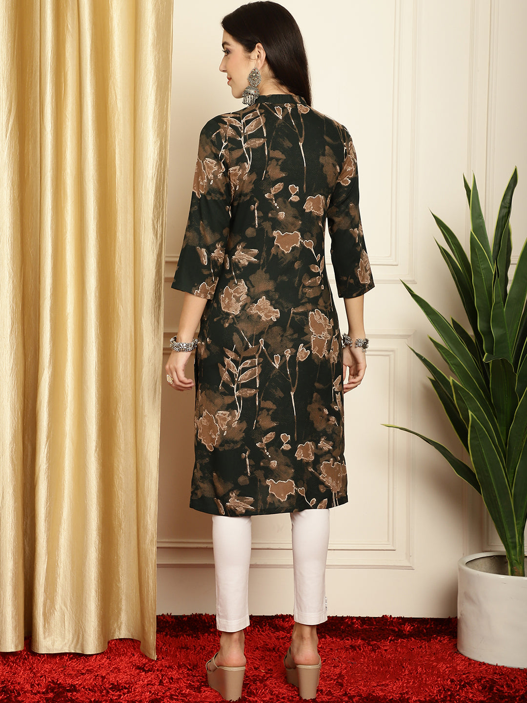 Floral Printed Straight Kurta ( ANKW 1539Olive )