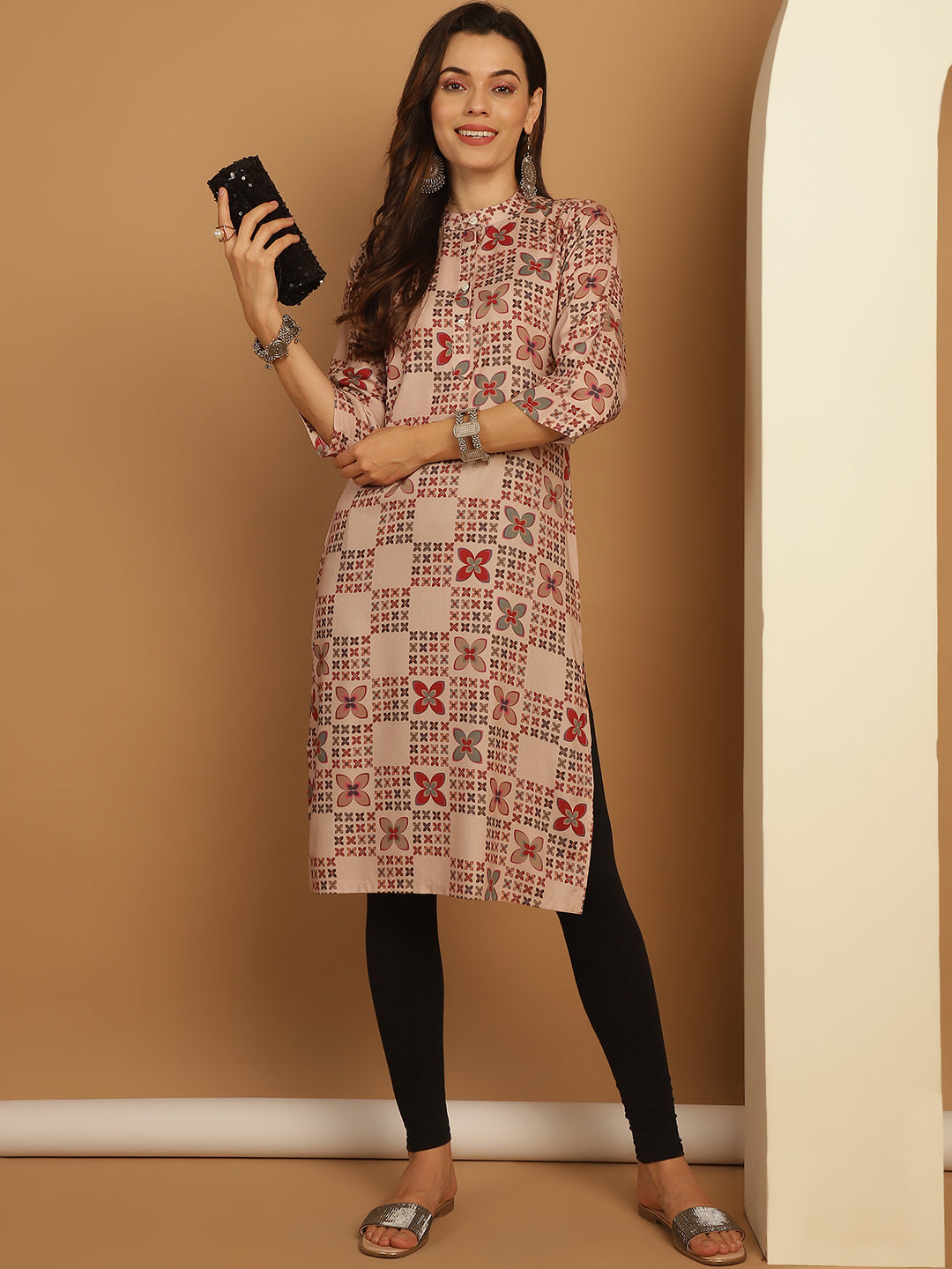 Floral Printed Straight Kurtas ( ANKW 1547 Beige )