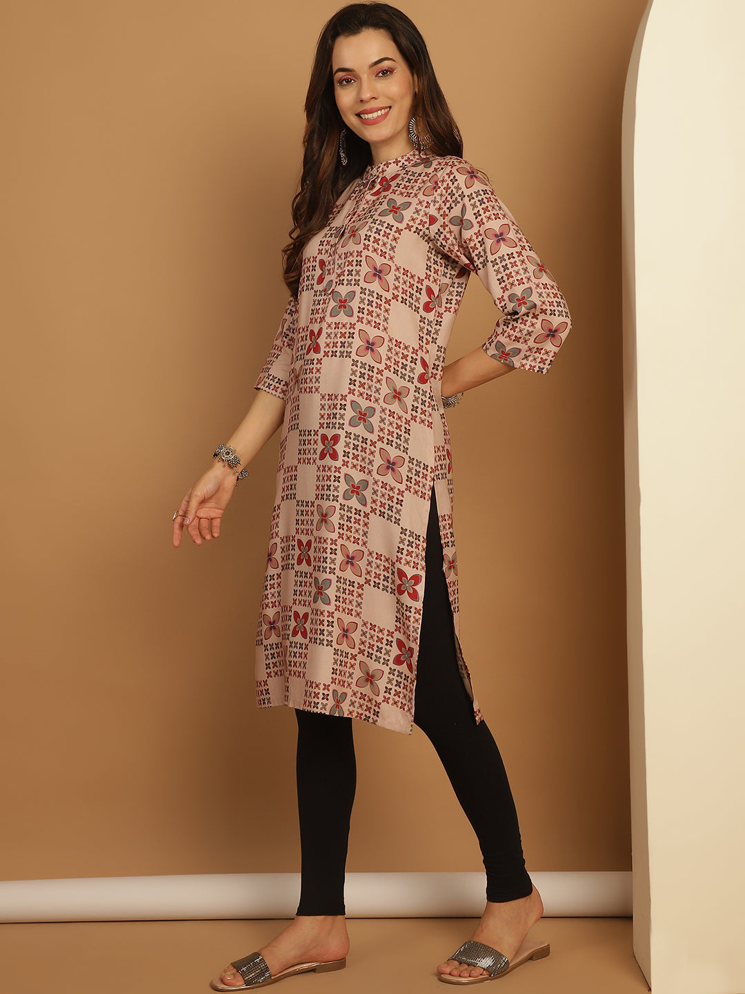 Floral Printed Straight Kurtas ( ANKW 1547 Beige )