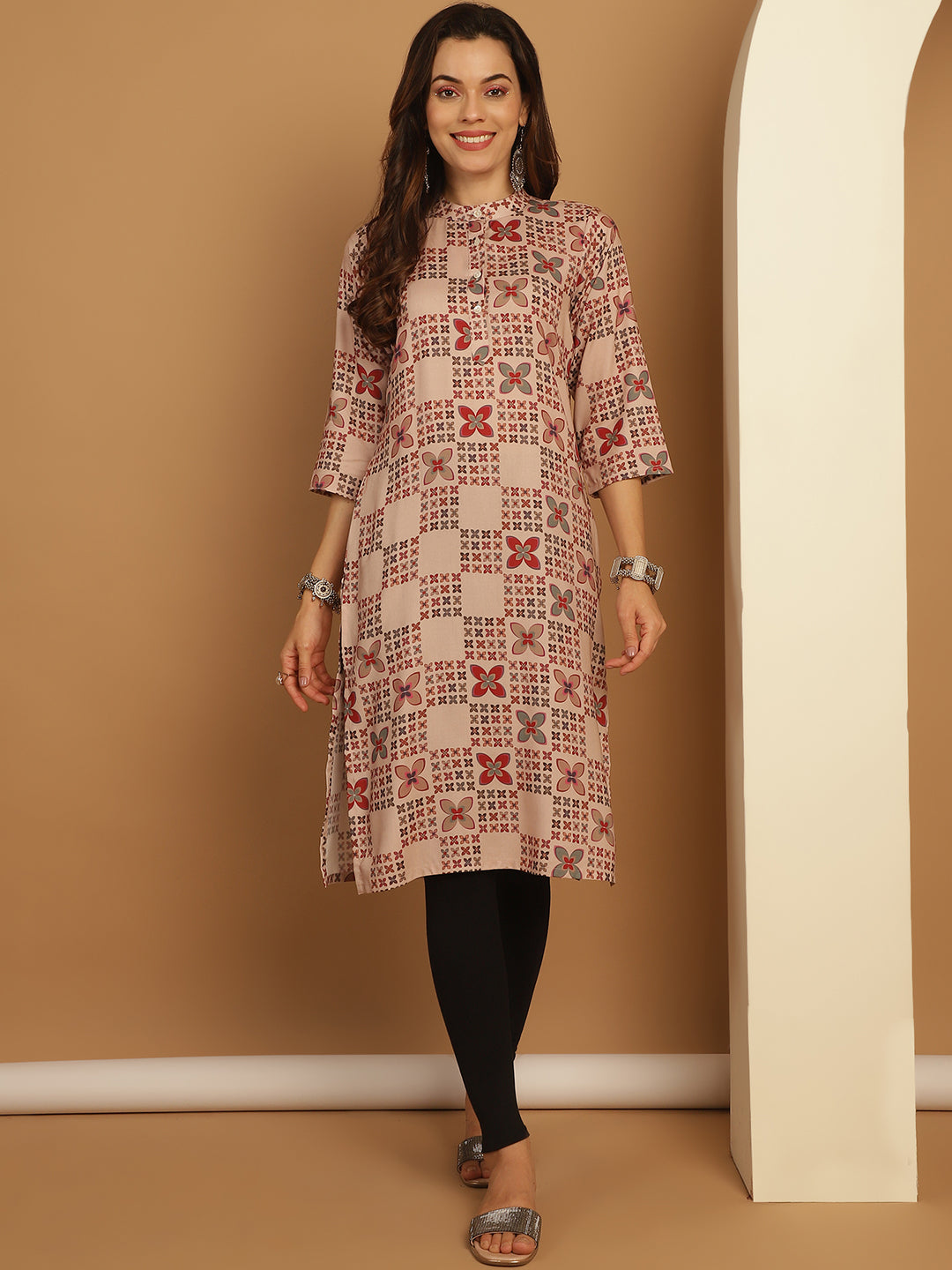 Floral Printed Straight Kurtas ( ANKW 1547 Beige )
