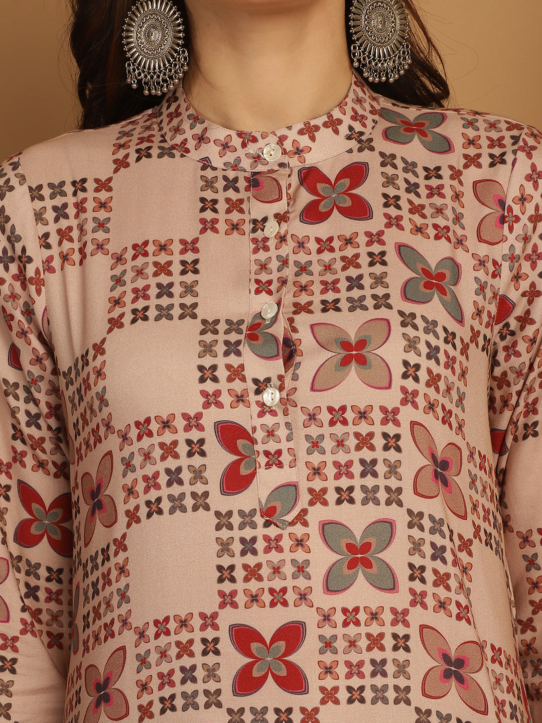 Floral Printed Straight Kurtas ( ANKW 1547 Beige )