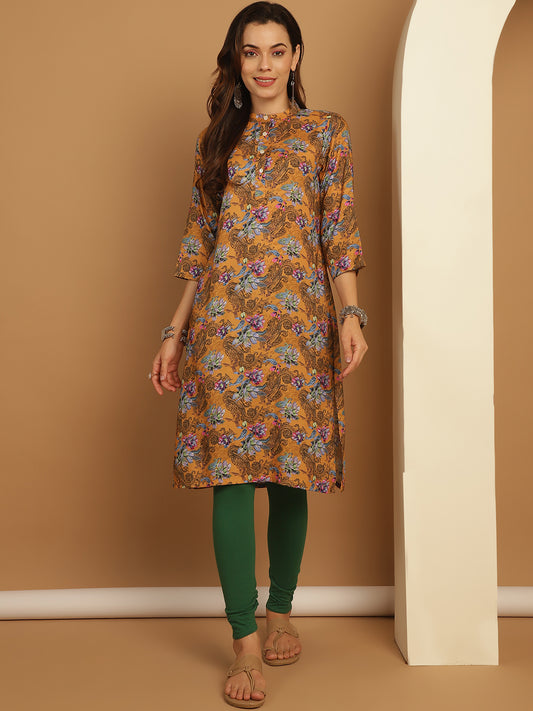 Floral Printed Straight Kurtas ( ANKW 1547 Mustard )