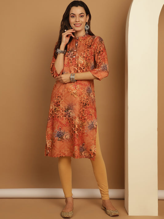Floral Printed Straight Kurtas ( ANKW 1547 Orange )