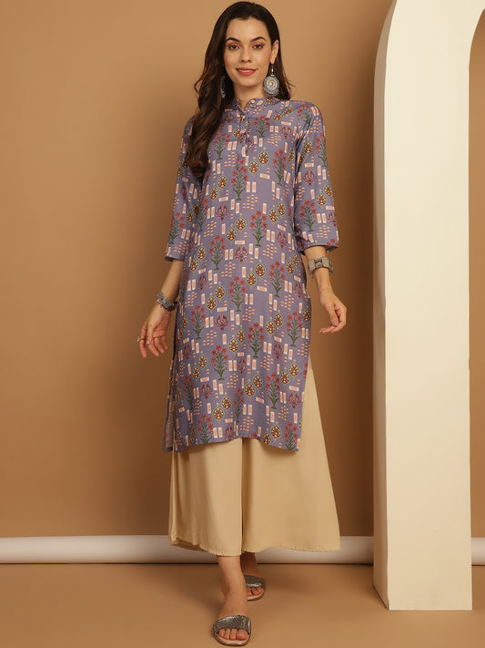 Floral Printed Straight Kurtas ( ANKW 1547 Purple )