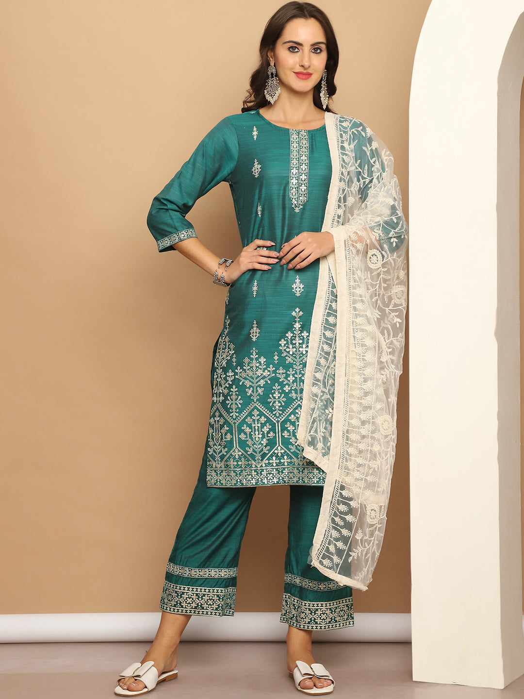 Foil Printed Kurta Set With Embroidered Dupatta ( ANKW PL D28C 1552 Green )