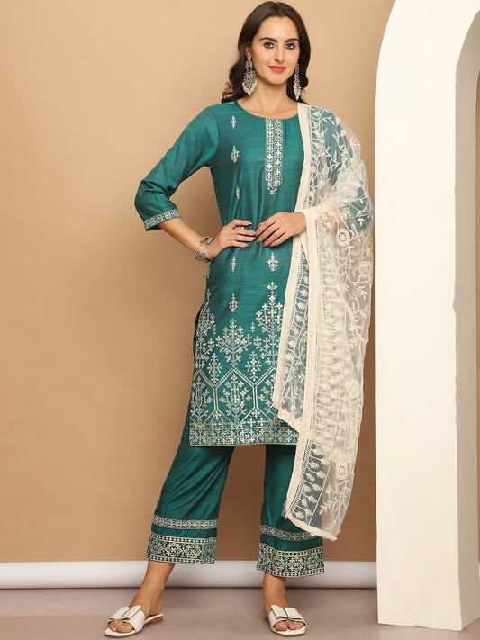 Foil Printed Kurta Set With Embroidered Dupatta ( ANKW PL D28C 1552 Green )