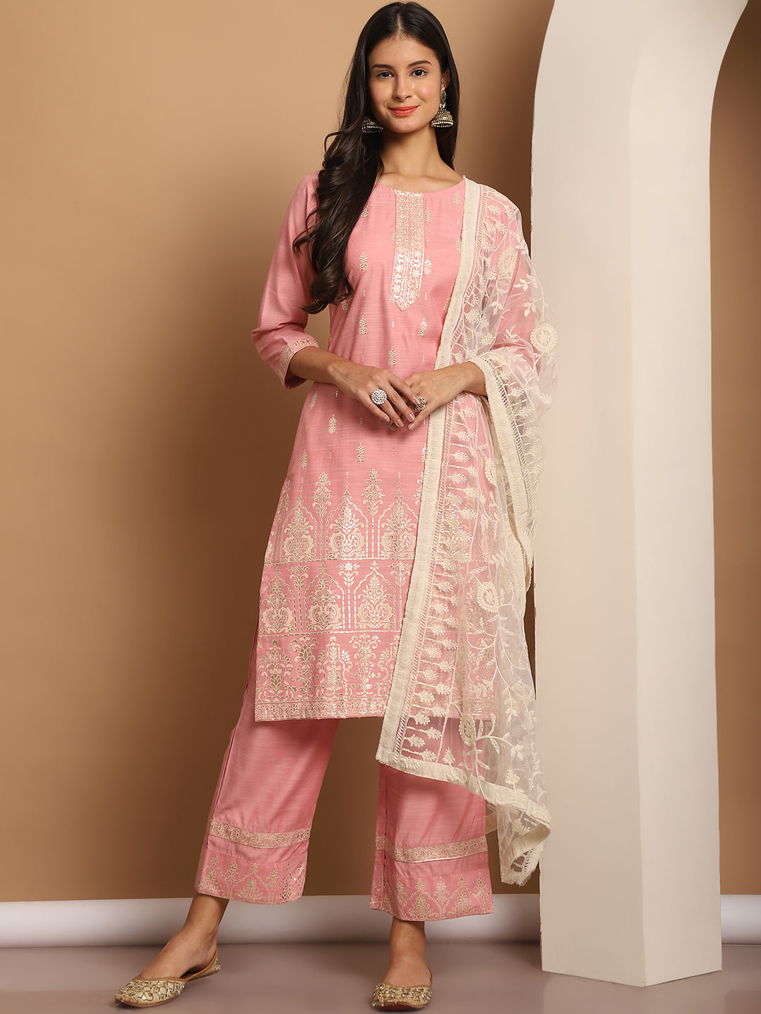 Foil Printed Kurta Set With Embroidered Dupatta ( ANKW PL D28C 1552 Pink )