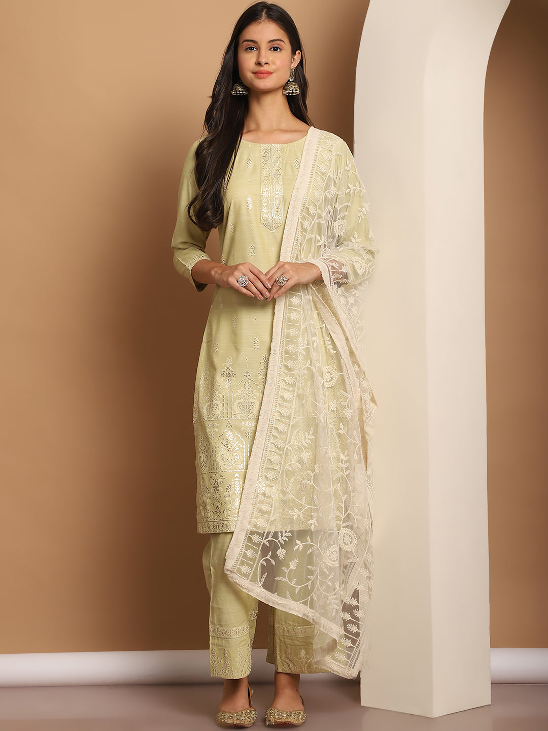 Foil Printed Kurta Set With Embroidered Dupatta ( ANKW PL D28C 1552 Pista )